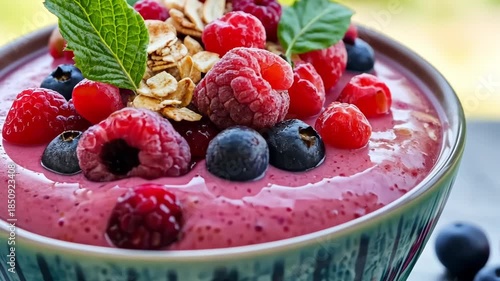 Kefir Smoothie Bowl with Fresh Berry and Granola Topping Close-Up