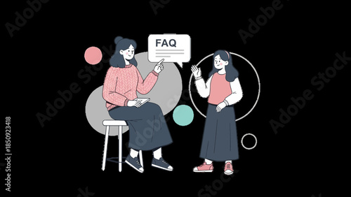 Illustration of an FAQ consultation scenario with a woman and a young girl in a digital