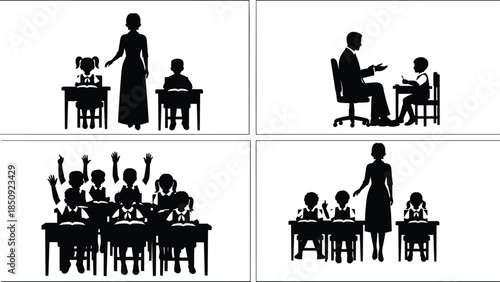 Teacher student classroom education silhouette set, school learning concept, black children studying, teacher guiding pupils, class interaction, education illustration, 