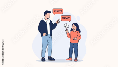 Interactive learning scene with a young girl and an adult engaging in a q&a session