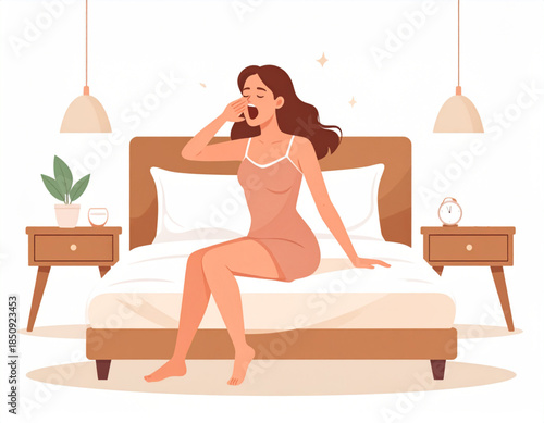 A young woman with long brown hair sitting on a bed, yawning and stretching after waking up in a cozy bedroom.