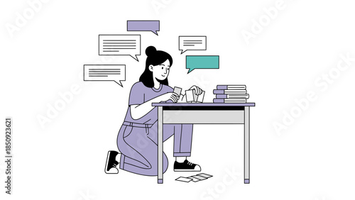 Young woman studying and organizing papers at a desk with digital communication icons
