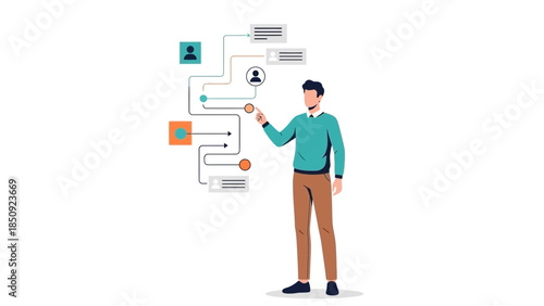 modern digital communication and social network analysis with a young man interacting with icons