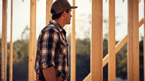 Construction Worker in Flannel Shirt at Building Site with Wooden Framing