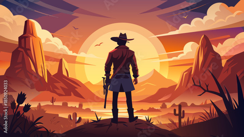 Very beautiful silhouette of a cowboy against a glowing sunset, capturing western spirit, open horizons, and the timeless mood of life on the frontier plains.