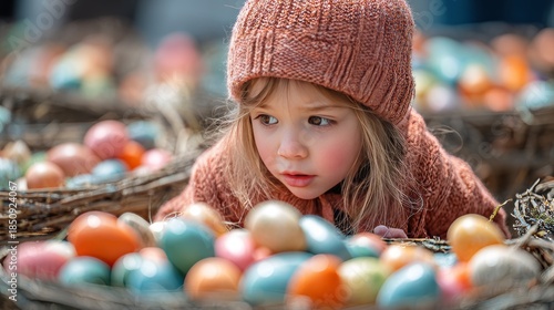 Wallpaper Mural A young child with a curious gaze, peering over a bed of colorful Easter eggs in a nest Torontodigital.ca