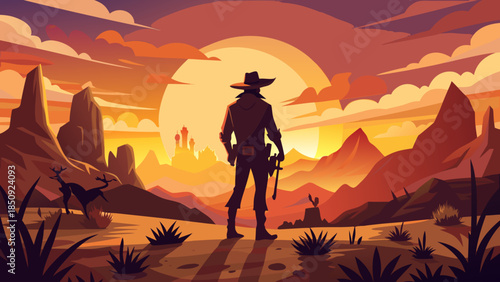 Very beautiful silhouette of a cowboy against a glowing sunset, capturing western spirit, open horizons, and the timeless mood of life on the frontier plains.