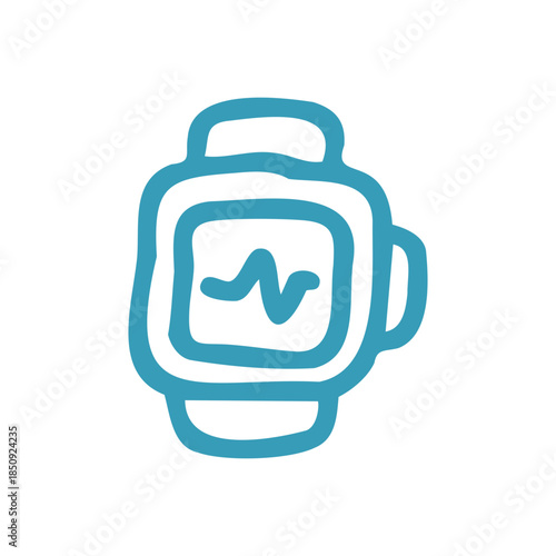 Hand-drawn blue smartwatch icon displaying a simple electrocardiogram heartbeat line