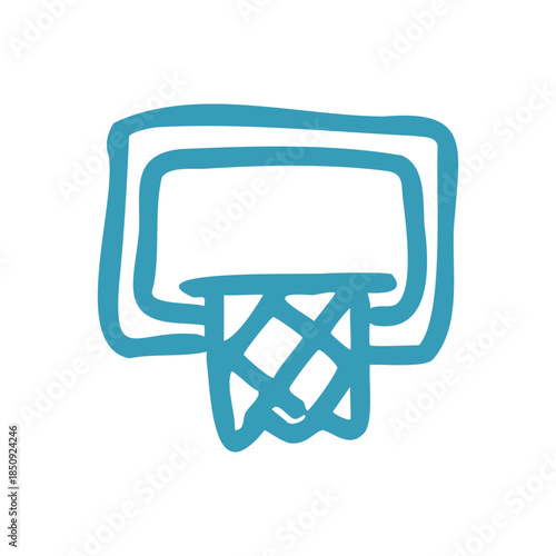 Simple hand drawn blue basketball hoop icon on a black background with a minimalist style