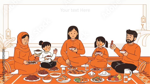 Muslim family enjoying traditional meal together on floor