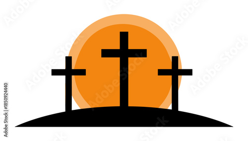 Three crosses on a hill with sunset