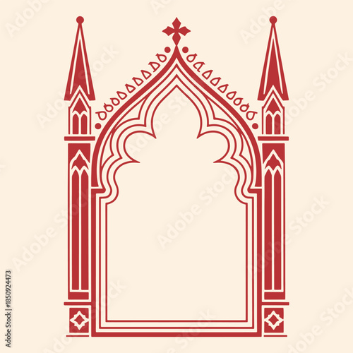 Gothic architectural window frame with red and white double outline and pointed arches