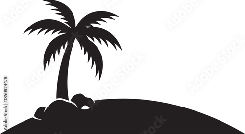 black silhouette of island palm on white background, vector.