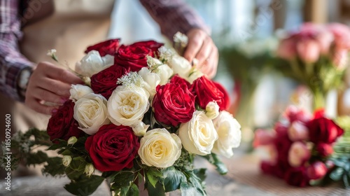 Wallpaper Mural A florist arranges a vibrant bouquet of red and white roses, adding delicate stems for a polished finish Torontodigital.ca