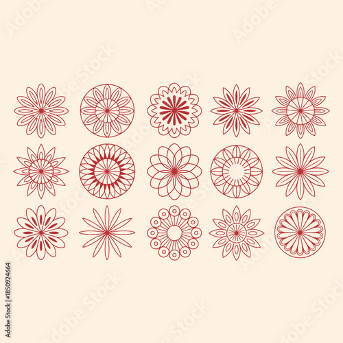 Collection of Red Floral Patterns on a Light Background outline petals
