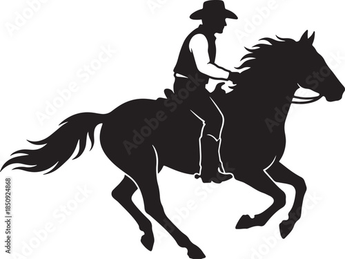 black silhouette of horse and cowboy on white background, vector.