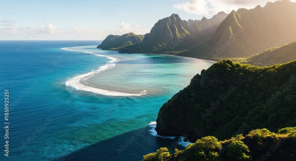 © KIMPOL - Tropical island coastline, turquoise ocean, lush hills