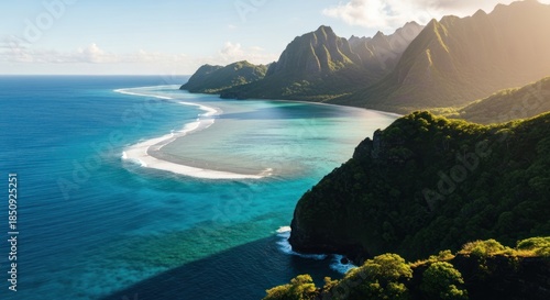 Tropical island coastline, turquoise ocean, lush hills