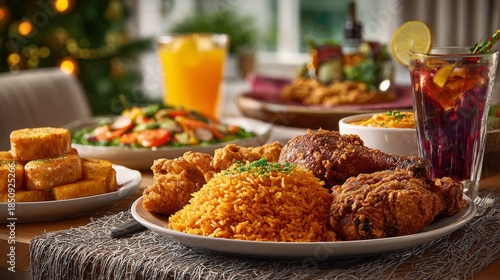 Wallpaper Mural A festive feast Crispy fried chicken, rice, sides, and drinks on a wooden table, in a warm, inviting setting Torontodigital.ca