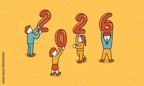 2026年の抱負・目標を掲げるビジネスマン・家族・学生のイラスト