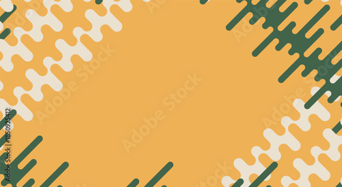 Retro-inspired mustard and dark green vector background featuring rounded and fluid abstract shapes diagonally framing a central copy space. Ideal for modern promotions.