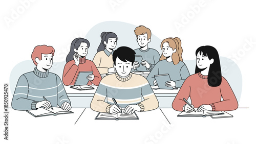 Students Engaged in Collaborative Learning and Note-Taking in Classroom Scene