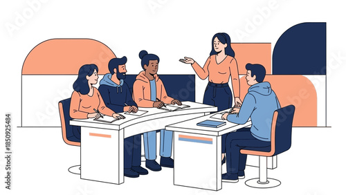 business meeting or team discussion with diverse group of professionals in a modern office setting