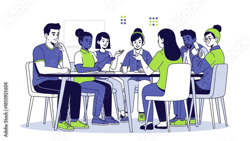 Diverse group of young professionals engaged in collaborative discussion around a conference table