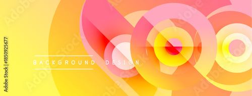 Abstract colorful layers create dynamic background. Yellow, orange, pink hues blend smoothly, forming circular shapes. Modern design element.
