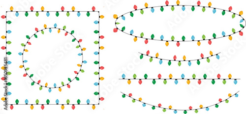 Christmas Lights Pack with Different Styles, Festive Holiday Light Decorations Set, Colorful Glowing String Lights for Winter, Xmas Backgrounds, Design Elements, Web, Print, and Creative Projects