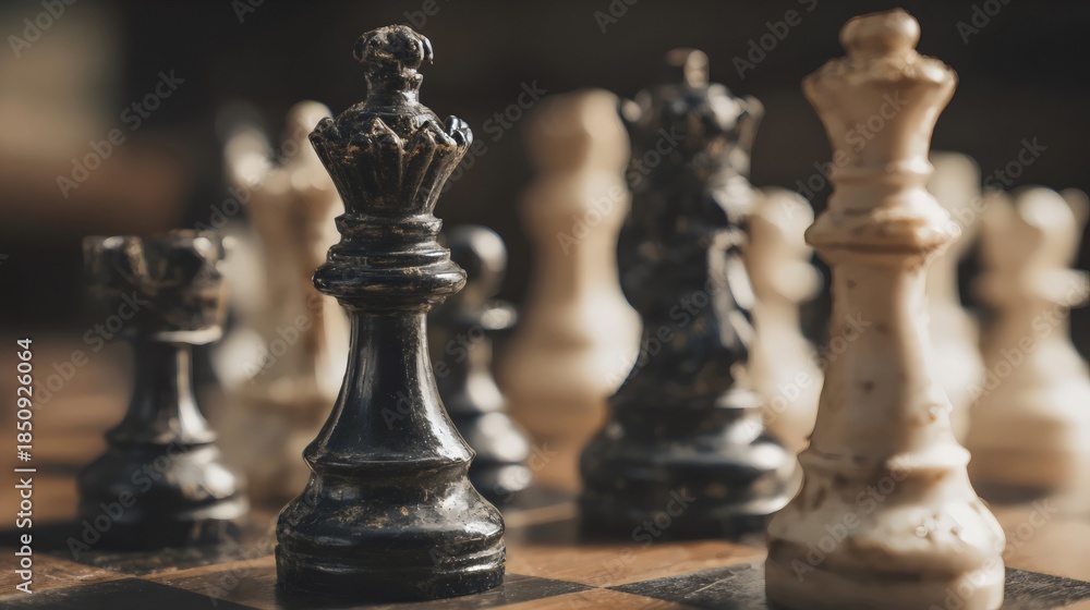 Fototapeta premium Close-up of a black queen chess piece surrounded by other pieces on a wooden chessboard.