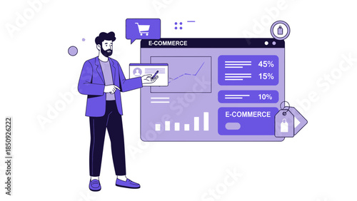 businessman analyzing e-commerce data dashboard with graphs and charts for online retail growth