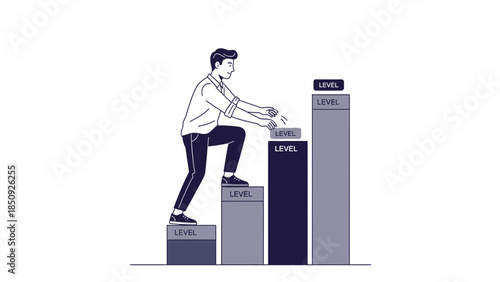 Motivational illustration of career progression showing a young man climbing ascending steps