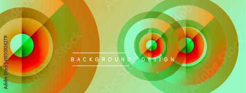 Abstract circles overlap, creating vibrant gradients. Light green background complements orange, red hues. Text reads background design.