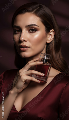 Young woman holding perfume bottle in burgundy tones with elegant expression indoors , advertisment, 