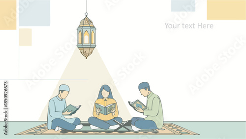 People reading quran together on a rug in a serene indoor setting
