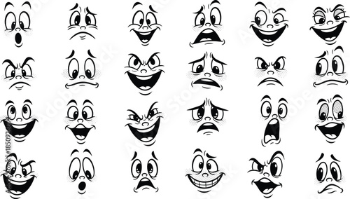 Cartoon facial expression grid in black and white with dotted shading, exaggerated emotion icons for design and education.