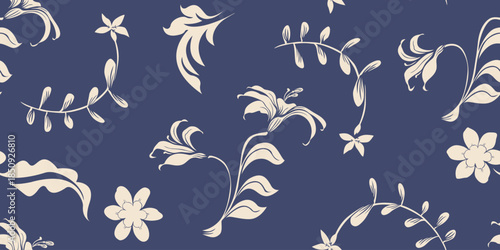 Folk floral seamless pattern design. Hand drawn botanical silhouette motifs decorative flower wallpaper.