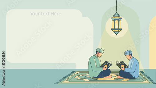 Two men reading quran in a serene mosque setting