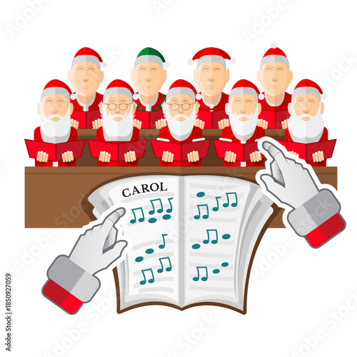 A Santa's hands in front of sheet music. The choir consists of two rows of dwarfs and elfs sing Carols, isolated on a white background. Vector Flat Christmas illustration