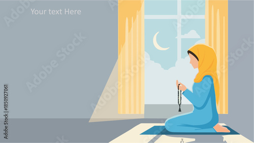 Muslim woman praying at home with rosary in peaceful evening