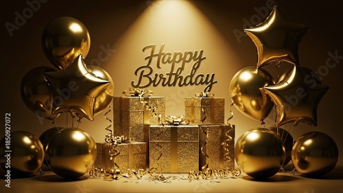 Shiny Gold Balloons and Flower Gifts With Happy Birthday Sign Decorations Grand Luxury Golden Party Background.jpg