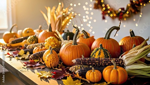 Autumn Harvest Display With Pumpkins Corn and Fall Leaves Warm Lighting.jpg