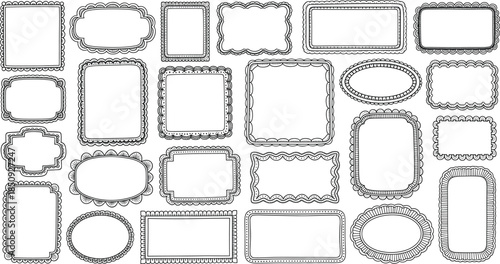 Set of 25 black decorative frames with ornate borders for invitations, labels, scrapbooking, posters, and graphic design projects.