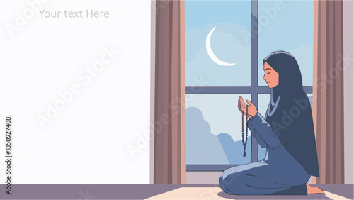 Woman in hijab praying by window with crescent moon outside