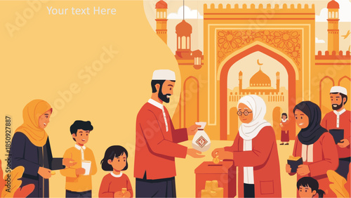 Muslim family donating to charity during Ramadan with mosque background
