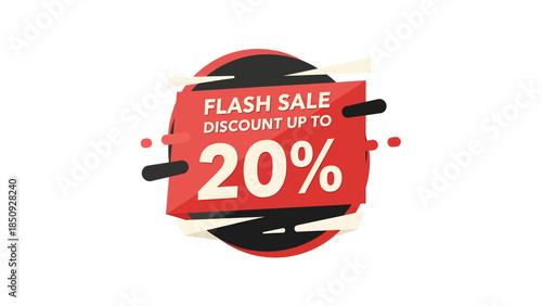 A vibrant graphic design element featuring a red and black flash sale banner with a 'Discount Up To 20%' message, ideal for marketing promotions.