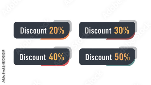 Set of four discount labels with different percentage offers and colored accents for marketing and sales promotions.