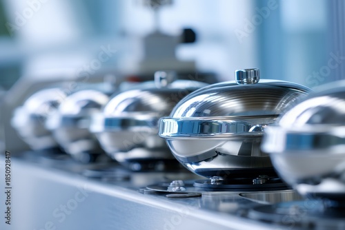 Close-up of shiny silver service bells in a row on hotel desk