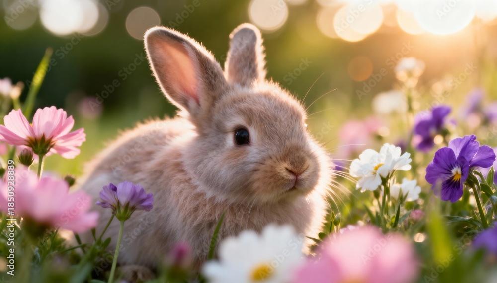 Fototapeta premium Adorable Bunny in Vibrant Flower Field at Sunset with Soft Natural Light